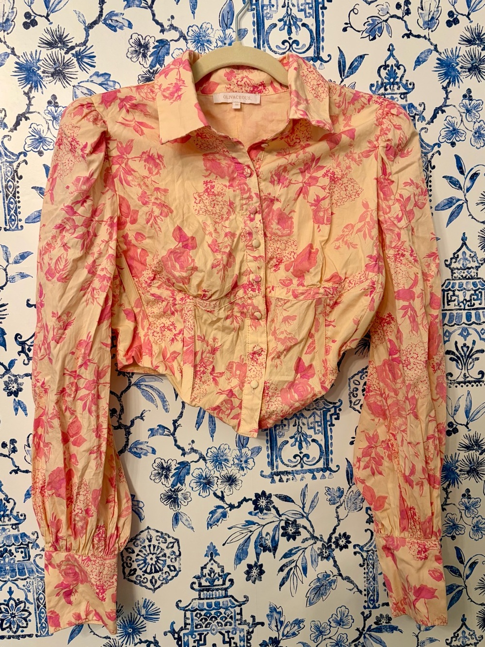 Olivaceous Pink Floral Cropped Button-Up Top